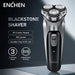 3D rotary electric shaver with triple floating heads, dual ring cutter, and smart display on a sleek bathroom countertop

