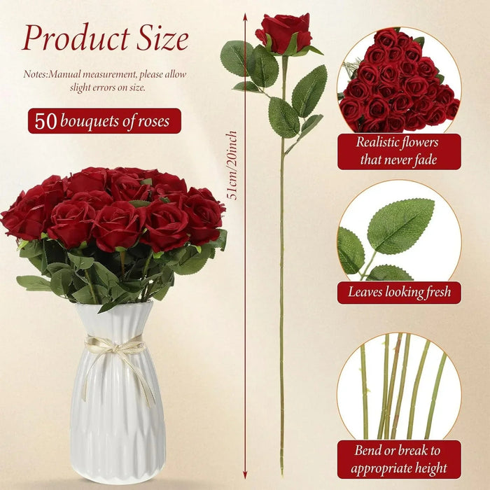 Velvet Artificial Roses – Real Touch 50PCS Bouquet for DIY & Decor Samanta Factory