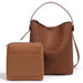 Handmade Woven Bucket Shoulder Bag made from PU leather with spacious interior and matching clutch, ideal for work, shopping, and travel.