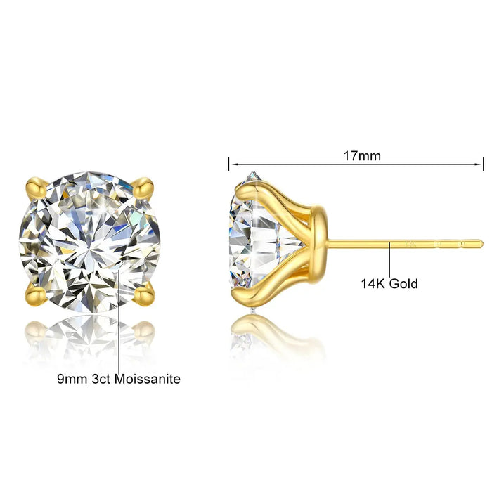 14K Gold Moissanite Stud Earrings – 0.5CT–3CT VVS1 Round Cut AU585 Certified SF