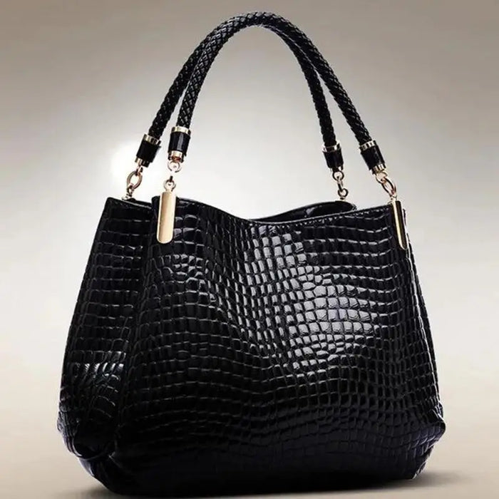 Women's large capacity crocodile print hard PU leather bucket tote bag with bright glossy serpentine finish zipper closure interior zipper pocket polyester lining for daily commute shopping and travel
