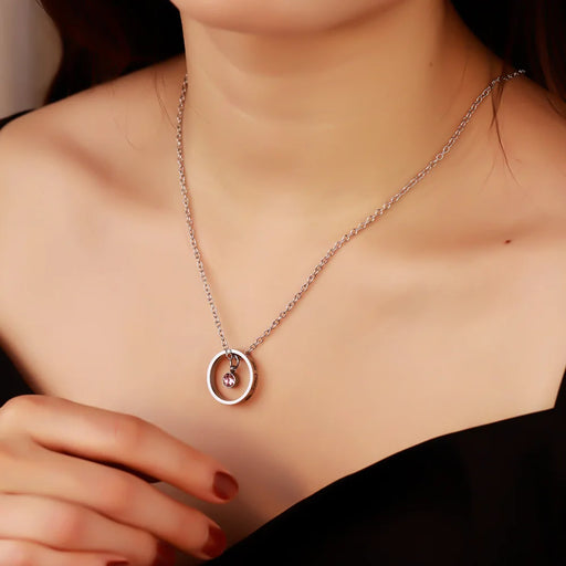 Personalized stainless steel circle name necklace with engraved text and birthstone pendant for women