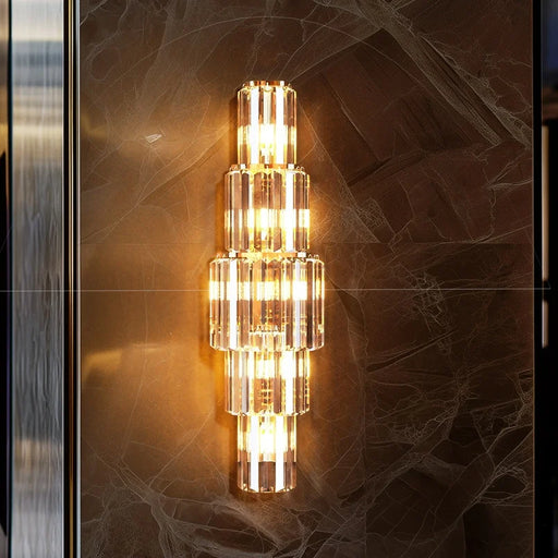 Gold crystal wall sconce with 3- or 5-tier design and adjustable three-color LED lighting for living rooms, dining areas, and hotels
