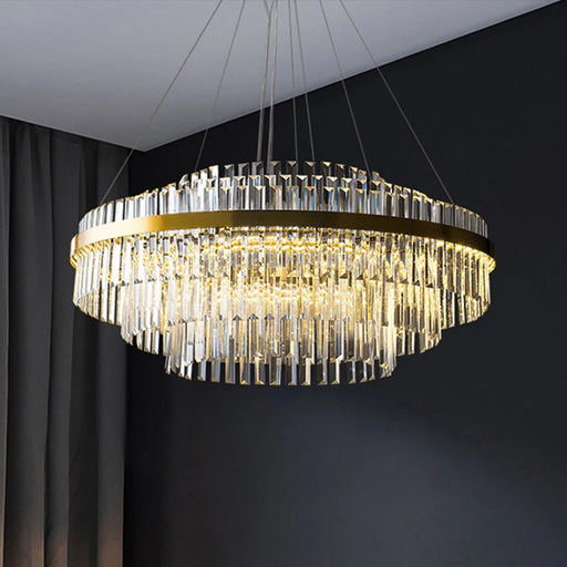 Modern LED crystal chandelier with polished stainless steel, dimmable remote control, for living room, dining room, and bedroom 