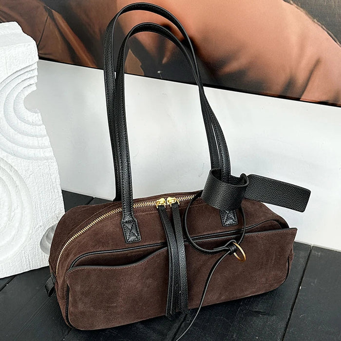 Women's Genuine Cowhide Leather Tote Bag – Large Capacity Suede Velvet Shoulder Handbag SF