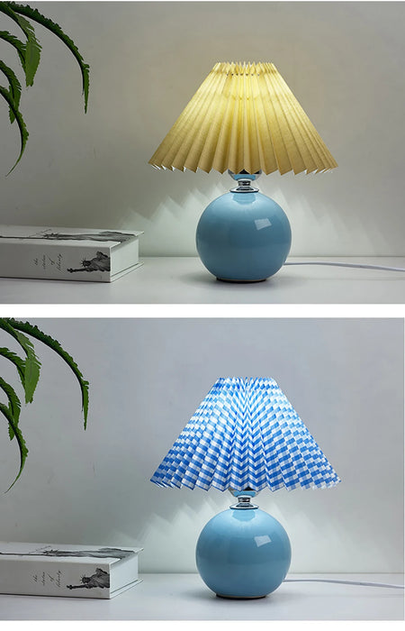 Korean Table Lamp – Vintage Pleated Fabric Shade with Ceramic Base - Samanta Factory