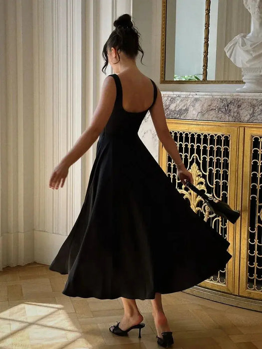 A-line Strap Long Dress – Square Neck & Backless Design - Samanta Factory