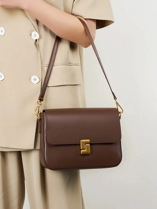 Split leather women's satchel bag with short handle, 120cm strap, hasp closure