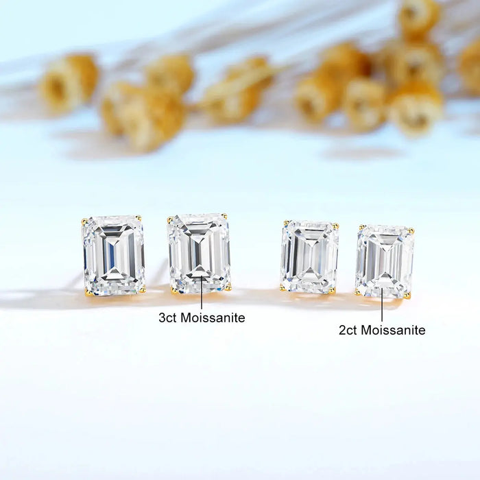 14K Gold Emerald Cut Moissanite Stud Earrings – AU585 Certified SF