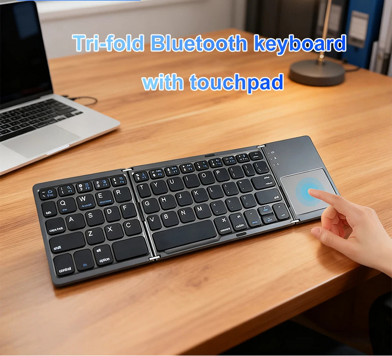 Tri-fold portable Bluetooth keyboard with built-in touchpad 81 keys magnetic closure 35 hour battery 3 device switching for iOS Android Windows tablet phone and laptop