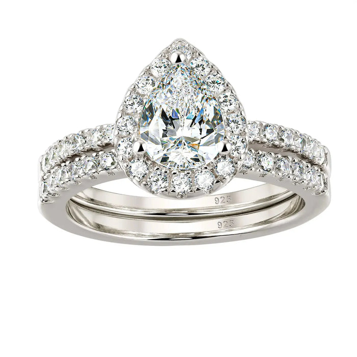 Pear Cut Bridal Ring Set – Sterling Silver With Halo Zircon Shine SF