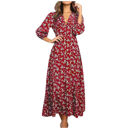 Short-sleeve floral V-neck sundress with high-waist slit