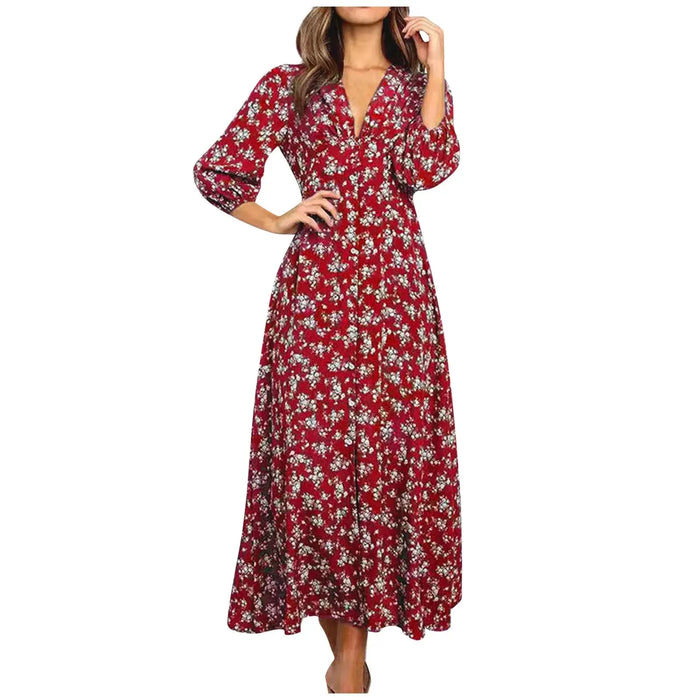 Short-sleeve floral V-neck sundress with high-waist slit