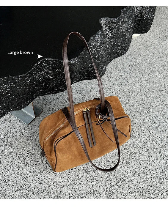 Women's Genuine Cowhide Leather Tote Bag – Large Capacity Suede Velvet Shoulder Handbag SF
