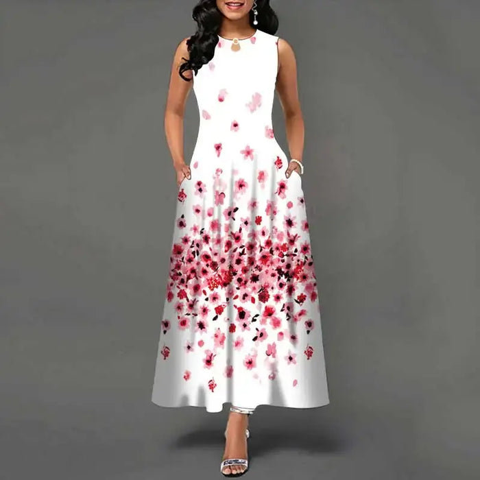 Bohemian Maxi Dress – Sleeveless Floral Print with Loose Swing Silhouette - Samanta Factory