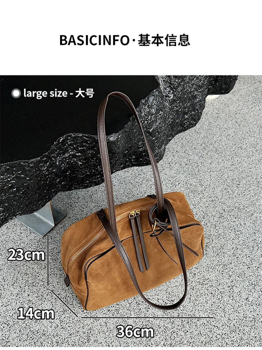 Women's Genuine Cowhide Leather Tote Bag – Large Capacity Suede Velvet Shoulder Handbag SF