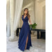 Elegant floor-length women’s dress with V-neck and spaghetti straps in solid color