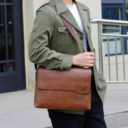 Men’s slim PU leather business satchel bag with zipper closure