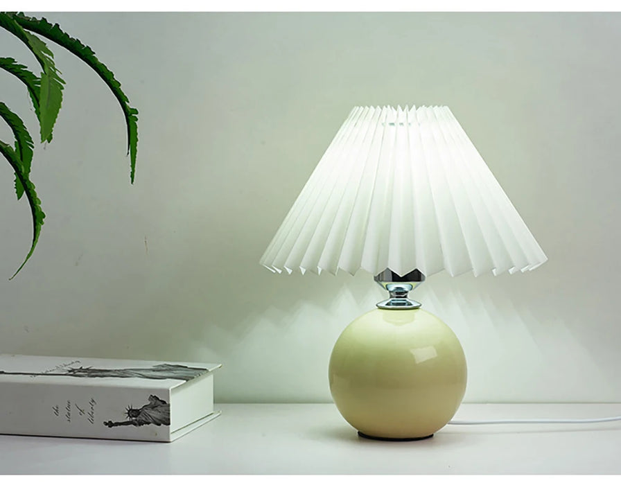 Korean Table Lamp – Vintage Pleated Fabric Shade with Ceramic Base - Samanta Factory