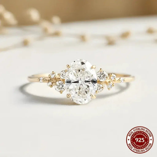 Oval D Color VVS1 Moissanite Gold-Plated Sterling Silver Ring with Zircon Side Stones