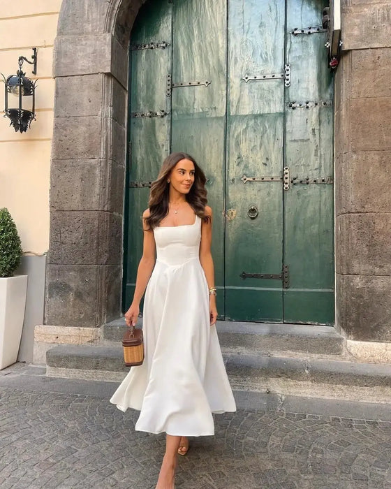 A-line Strap Long Dress – Square Neck & Backless Design - Samanta Factory