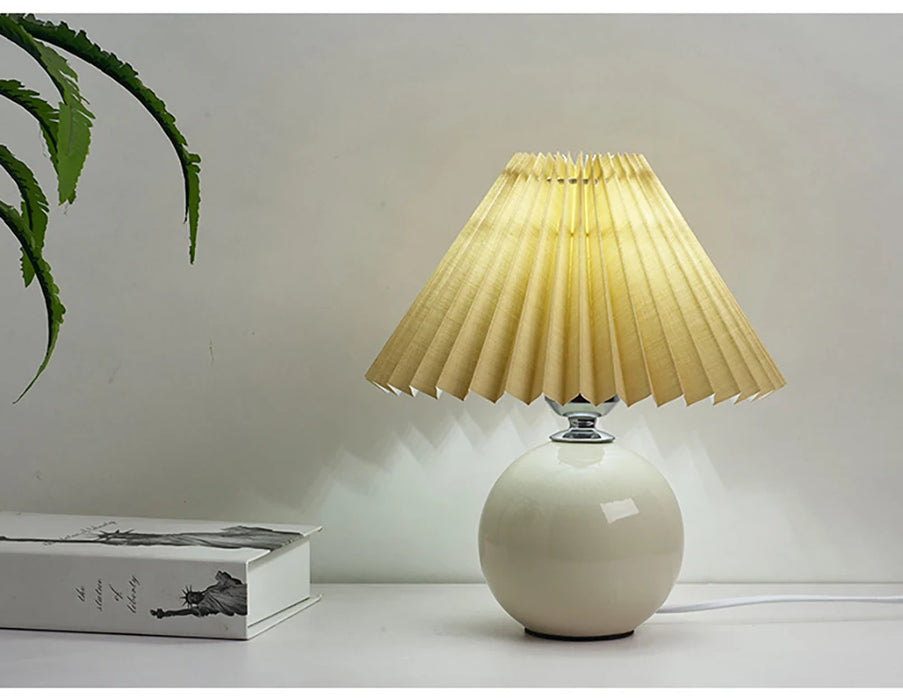 Korean Table Lamp – Vintage Pleated Fabric Shade with Ceramic Base - Samanta Factory