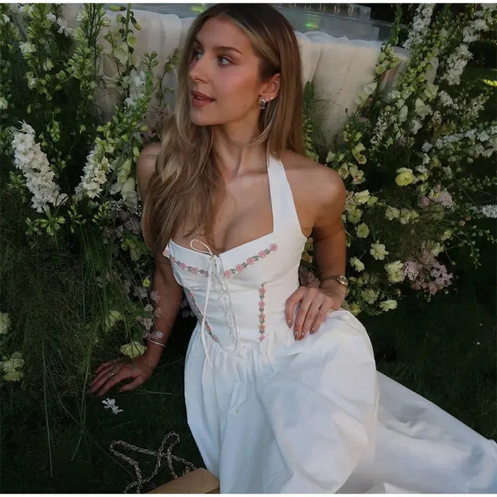 A-line Strap Long Dress – Square Neck & Backless Design - Samanta Factory