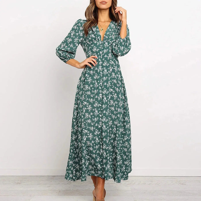 Women’s V-Neck Floral Maxi Dress – High-Waist Slit for Effortless Boho Chic - Samanta Factory