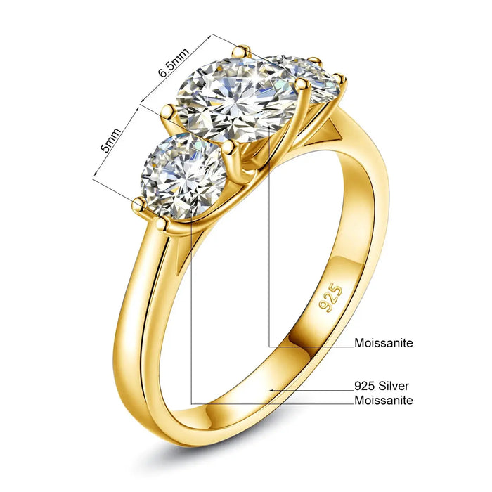 3-Stone Moissanite Engagement Ring – 2 CT D Color Yellow Gold Plated S925 Silver SF