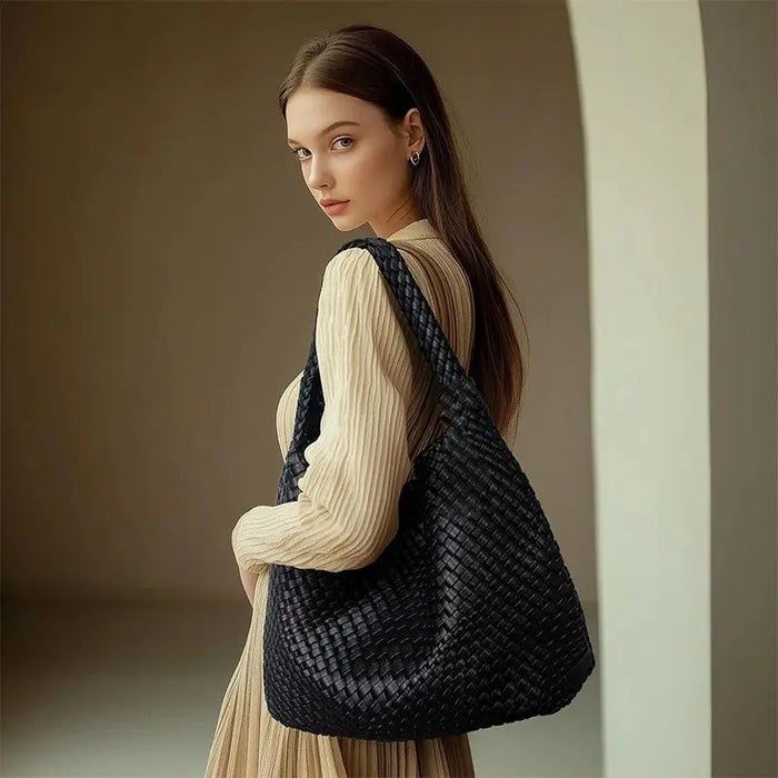 Handmade women’s woven PU leather tote bag with matching clutch