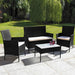 4-piece rattan garden furniture set in black or grey with beige cushions and glass-top coffee table