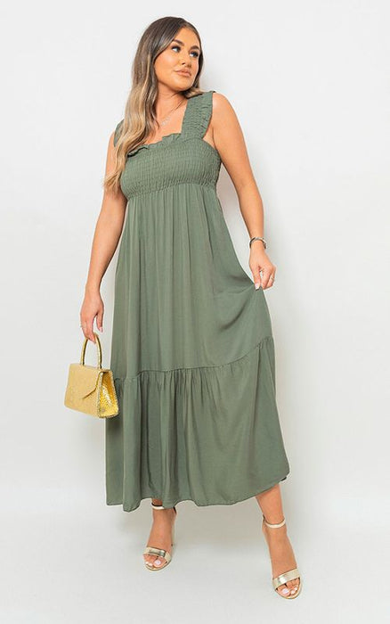 Leah wide ruffle strap smocked midi dress in soft polyester with flirty ruffle details