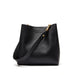 Genuine leather bucket handbag in black or brown with soft structure, hasp closure, and multiple storage compartments.