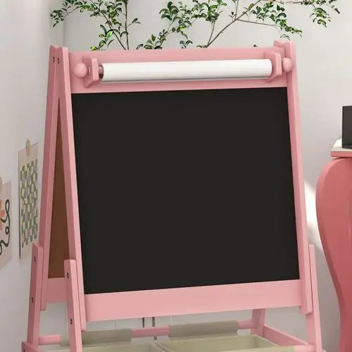 AIYAPLAY Kids Easel with Paper Roll, Blackboard, Whiteboard, Storage, Pink - Samanta Factory