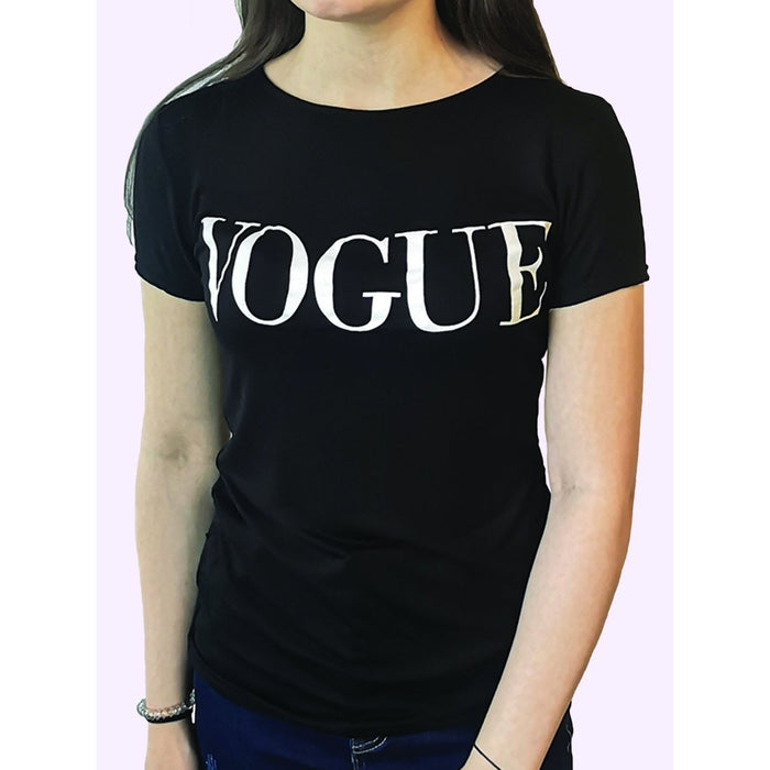 Woman wearing a black Vogue T-shirt with a relaxed fit and silky drape

