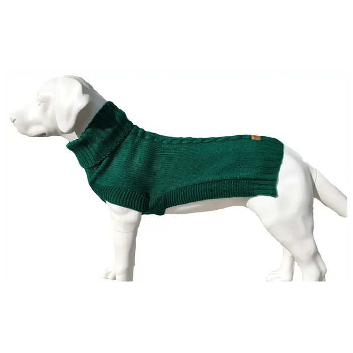 Green cable knit dog jumper for long-bodied breeds like Greyhounds, Whippets, and Dachshunds.