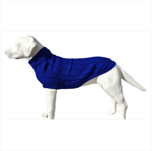 
A dog wearing a peacock blue cable knit jumper with a roll neck and leg sleeves