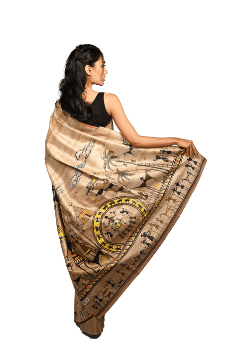 Tussar Silk Saree – Handwoven with Warli Tribal Art - Samanta Factory