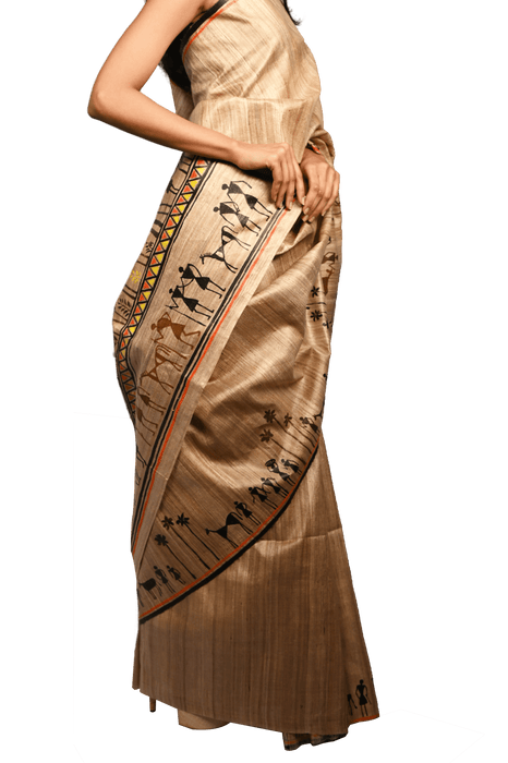 Tussar Silk Saree – Handwoven with Warli Tribal Art - Samanta Factory