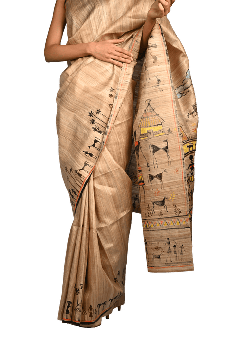 Tussar Silk Saree – Handwoven with Warli Tribal Art - Samanta Factory