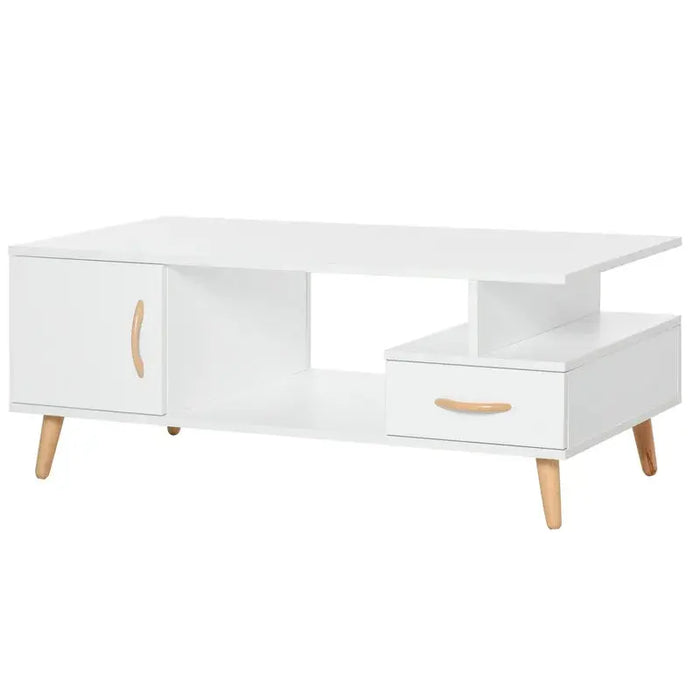 Two-tone modern coffee table with tapered legs and storage compartments