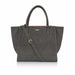 Grey vegan leather winged tote bag with gold hardware and recycled interior lining