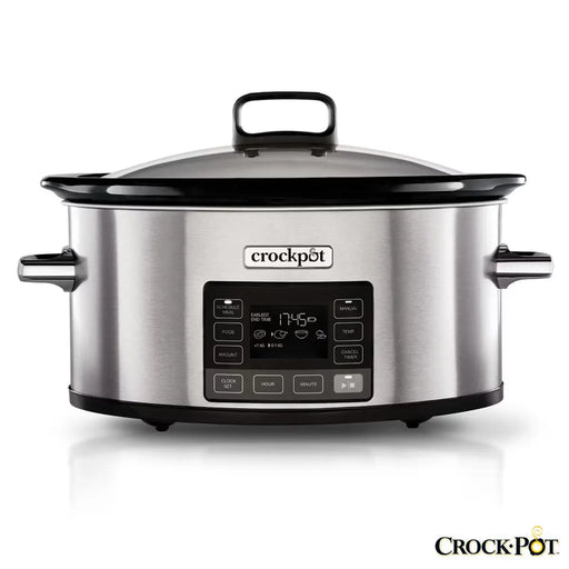 6-quart digital programmable slow cooker with travel-proof locking lid and stainless steel finish
