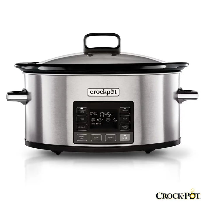 6-quart digital programmable slow cooker with travel-proof locking lid and stainless steel finish
