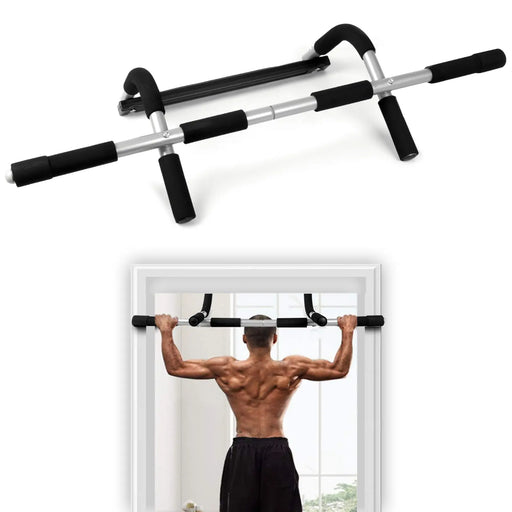 Adjustable door gym bar installed on a door frame for pull-ups and chin-ups