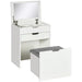 "White dressing table set with flip mirror, stool, and storage drawers – glam vanity desk"