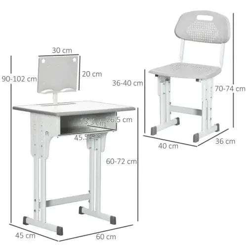 Kids Desk and Chair Set Adjustable Height Study Table w/ Book Stand - Grey - Samanta Factory