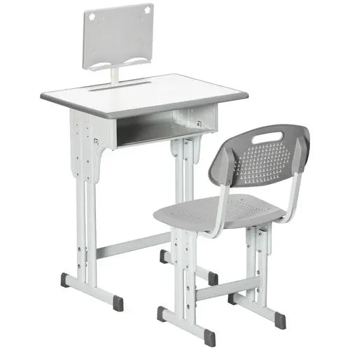 Grey height-adjustable kids study desk and chair set with book stand, drawer, and cup holder