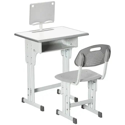 Kids Desk and Chair Set Adjustable Height Study Table w/ Book Stand - Grey - Samanta Factory
