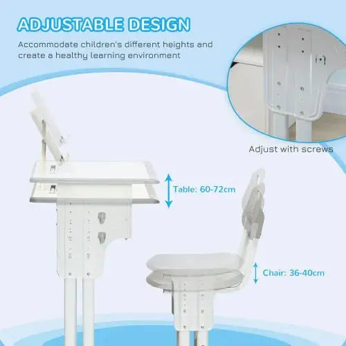 Kids Desk and Chair Set Adjustable Height Study Table w/ Book Stand - Grey - Samanta Factory